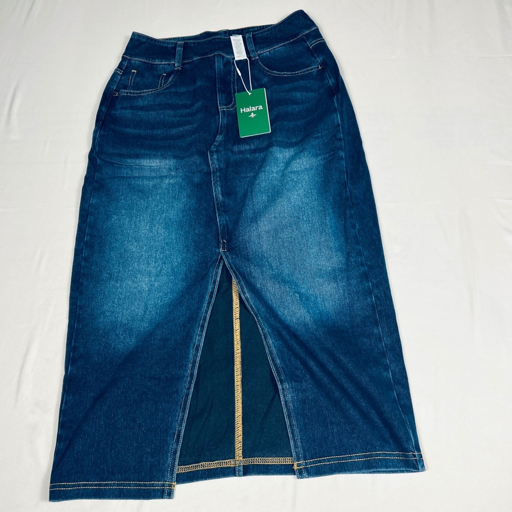 Halara Womens Denim Midi Skirt Dark Wash Front Slit High Waisted Blue Size S NEW